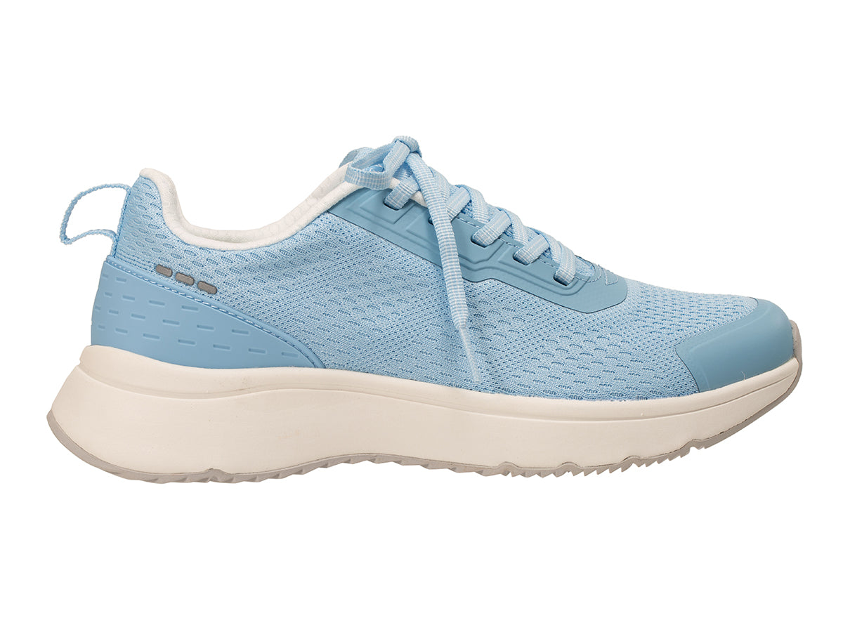 Blue athletic shoe with white sole on a white background